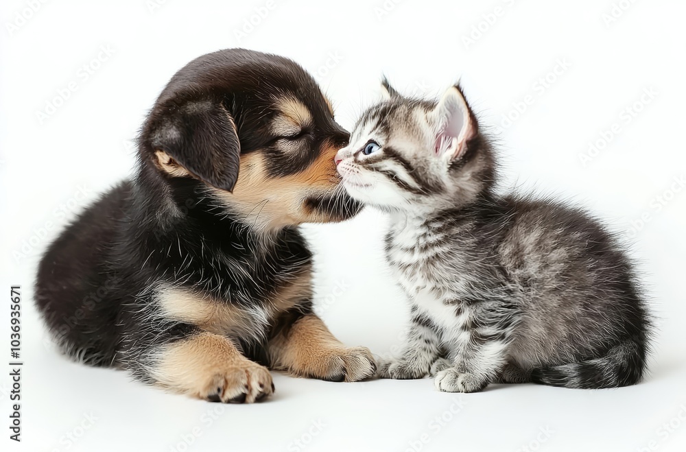 Cute puppy kissing kitten , isolated on white background, , copy space for text, Cute puppy kissing kitten , isolated on white background, , copy space for text,