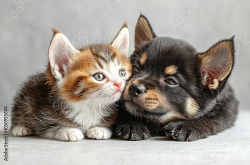 Cute puppy kissing kitten , isolated on white background,  , copy space for text, photo