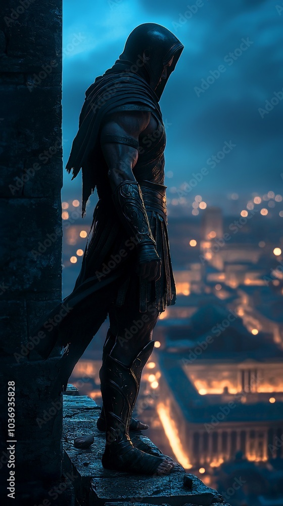 A Spartan warrior standing guard on the walls of an ancient city at twilight, with dark blue skies and the faint glow of city lights far below, his figure shrouded in shadow A Spartan warrior standing guard on the walls of an ancient city at twilight, with dark blue skies and the faint glow of city lights far below, his figure shrouded in shadow