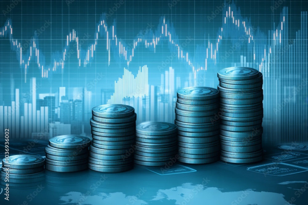 Stacks of Coins Against Financial Charts and Graphs Stacks of Coins Against Financial Charts and Graphs