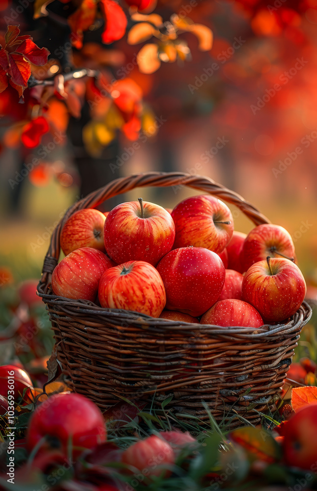 A basket full of apples is sitting on the ground in a field. The apples are red and shiny, and they are surrounded by fallen leaves. A basket full of apples is sitting on the ground in a field. The apples are red and shiny, and they are surrounded by fallen leaves.