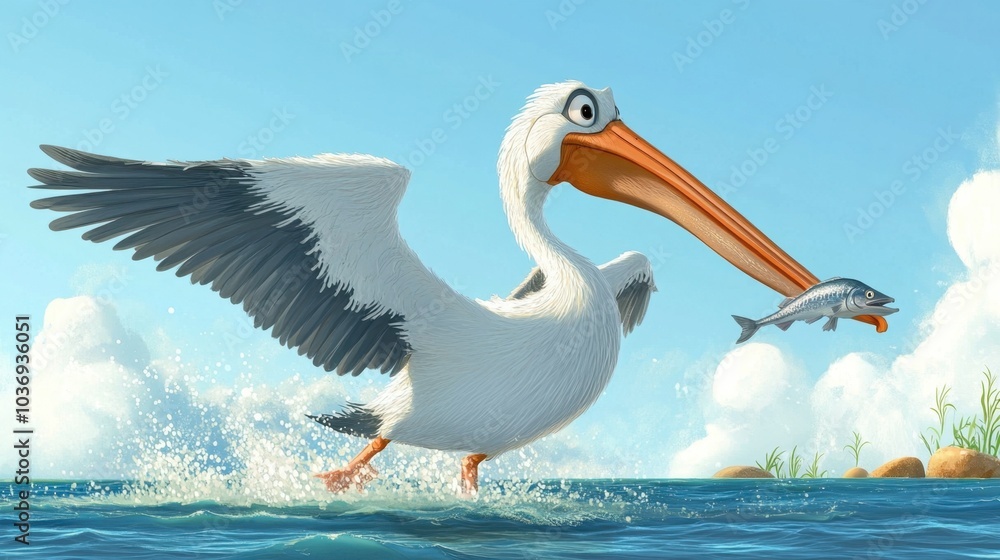 Playful Pelican Catching Fish in Calm Waters Playful Pelican Catching Fish in Calm Waters