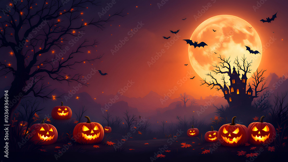 A spooky Halloween scene with a full moon, bats flying in the sky, and glowing jackolanterns placed on the ground. A haunted house silhouette sits on top of a tree in the distance. A spooky Halloween scene with a full moon, bats flying in the sky, and glowing jackolanterns placed on the ground. A haunted house silhouette sits on top of a tree in the distance.