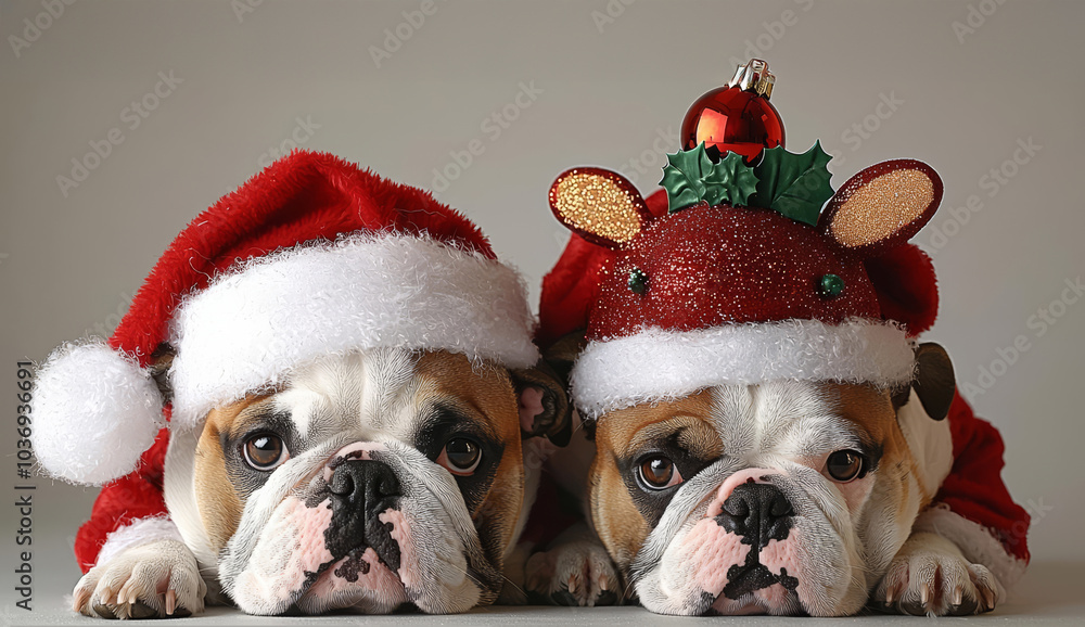 english bulldogs dressed up as santa and rudolph , isolated on white background, , copy space for text, english bulldogs dressed up as santa and rudolph , isolated on white background, , copy space for text,