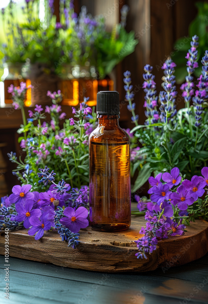 A bottle of essential oil is on a wooden table next to purple flowers. The bottle is brown and has a black cap. The scene gives off a calming and relaxing vibe A bottle of essential oil is on a wooden table next to purple flowers. The bottle is brown and has a black cap. The scene gives off a calming and relaxing vibe