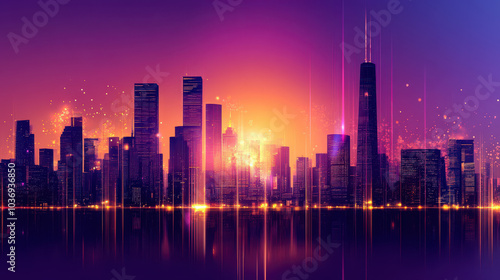 Twilight Urban Skyline Silhouettes: Purple and Orange Light Trails for Real Estate and City Lifestyle Marketing. High-Resolution Architectural Precision and Modern Atmosphere.