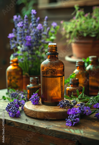 A bottle of lavender essential oil sits on a wooden table next to several other bottles of essential oils and purple flowers