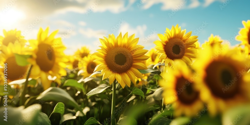 Vibrant field of blooming sunflowers under a clear blue sky, capturing the essence of summer landscape, Blooming sunflowers field under clear blue sky summer landscape Vibrant field of blooming sunflowers under a clear blue sky, capturing the essence of summer landscape, Blooming sunflowers field under clear blue sky summer landscape
