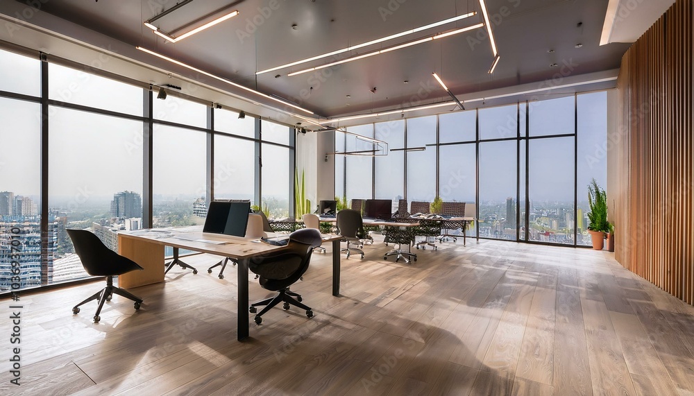 Clean coworking office interior with wooden flooring, panoramic windows and city view. 3D Rendering. Clean coworking office interior with wooden flooring, panoramic windows and city view. 3D Rendering.
