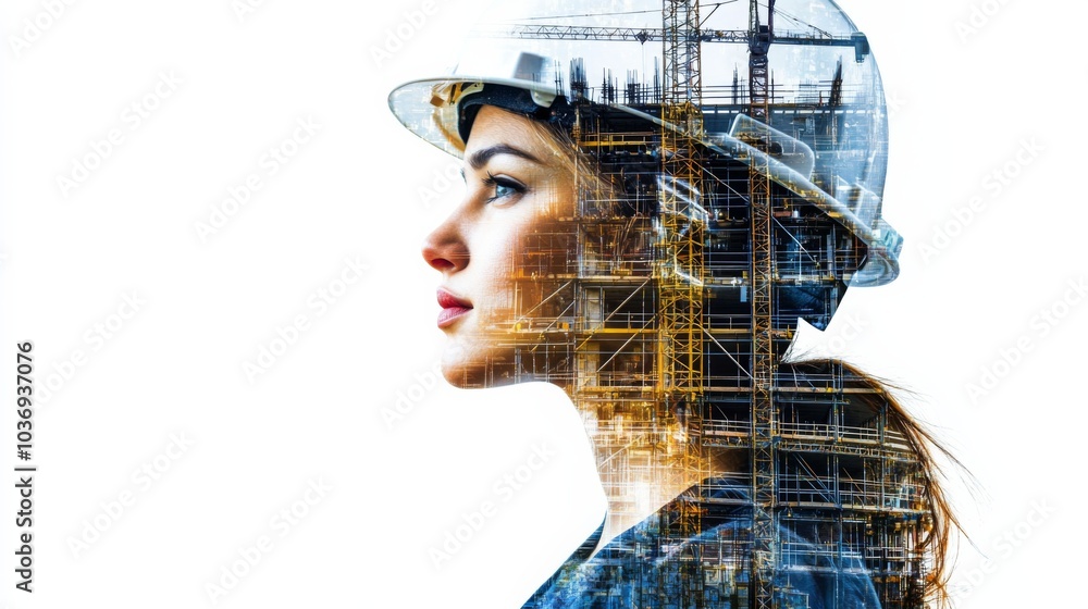 double exposure of woman in construction helmet with isolated background double exposure of woman in construction helmet with isolated background