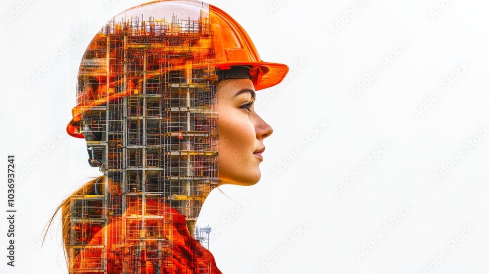 double exposure of woman in construction helmet with isolated background double exposure of woman in construction helmet with isolated background