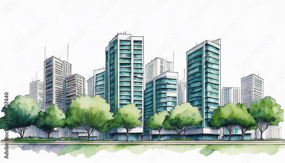 Hand-drawn watercolor urban skyline of apartment buildings, green trees . Minimalist sketchy design. Hand-drawn watercolor urban skyline of apartment buildings, green trees . Minimalist sketchy design.
