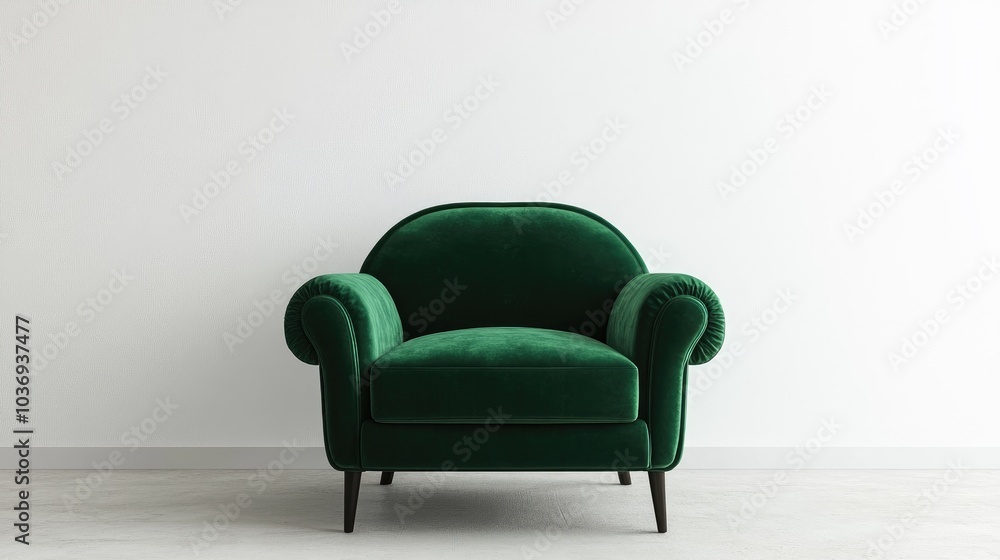 3D rendering of a living room wall mockup featuring a green velvet armchair set against a blank white interior background 3D rendering of a living room wall mockup featuring a green velvet armchair set against a blank white interior background