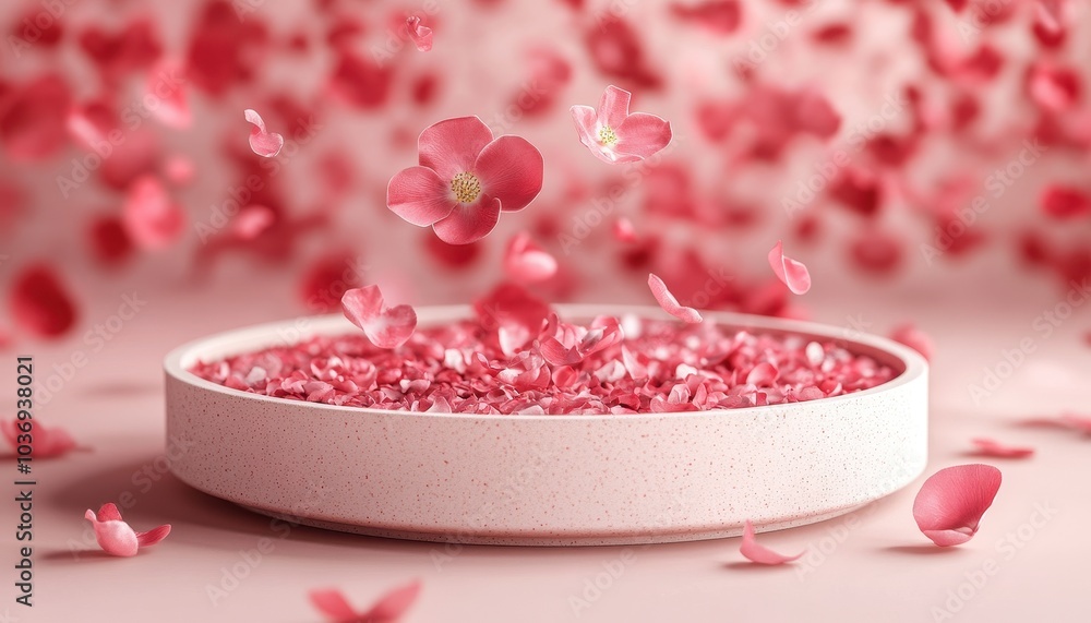 Luxury cosmetic presentation with red petals and a gift box for special occasions Luxury cosmetic presentation with red petals and a gift box for special occasions