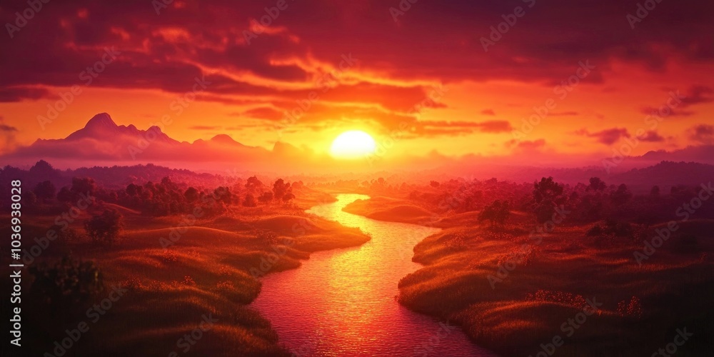 Serene sunset over a river landscape, Tranquil sunset over a river scene Serene sunset over a river landscape, Tranquil sunset over a river scene
