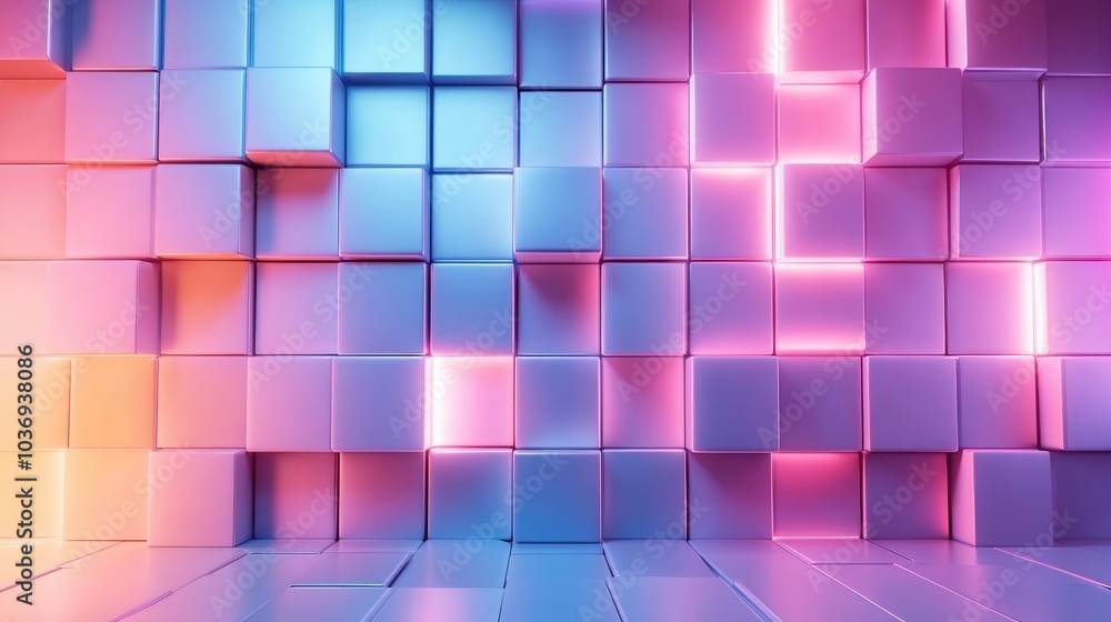Gradient lit wall cubes on a tech inspired backdrop featuring ample copy space 3D rendering visualization Gradient lit wall cubes on a tech inspired backdrop featuring ample copy space 3D rendering visualization