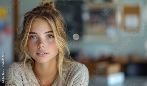 Free Download A woman with blonde hair and blue eyes is sitting at a table. She is wearing a white sweater and a necklace - GFXLoad