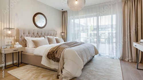 An elegant coastal Scandinavian bedroom with a double bed an upholstered headboard