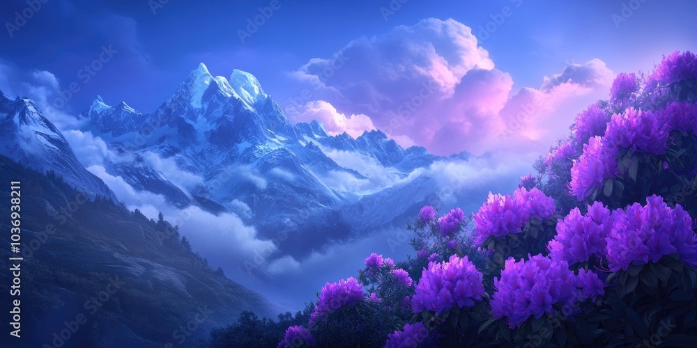 Flowering rhododendrons in the Himalayan Mountains, Rhododendron flowers in mountain landscape Flowering rhododendrons in the Himalayan Mountains, Rhododendron flowers in mountain landscape
