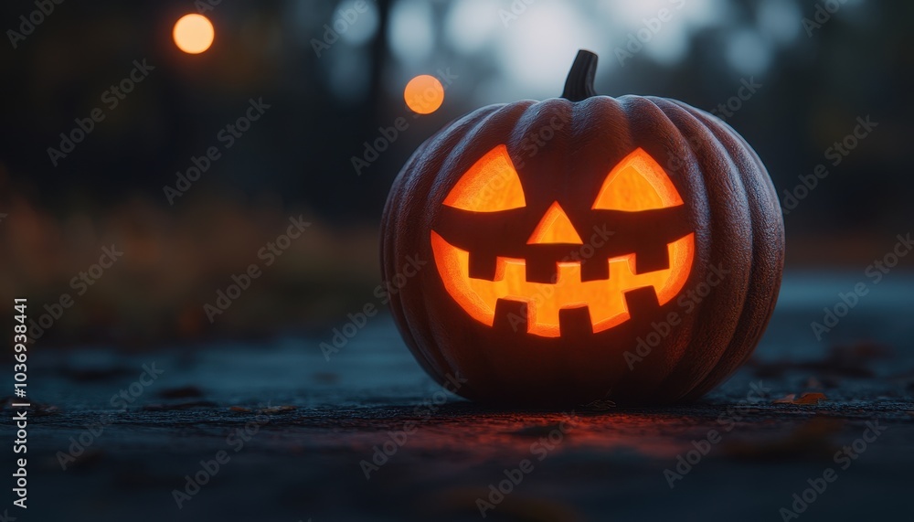 Fototapeta premium Spooky Jack O'Lantern glowing during Halloween night on October 31 in a dark setting
