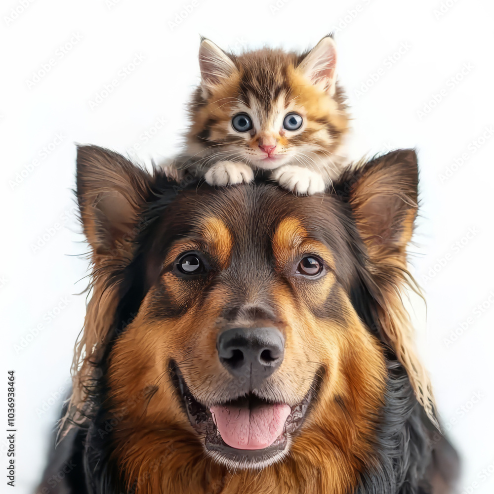 happy mixed breed dog posing with a kitten on his head , isolated on white background, , copy space for text, happy mixed breed dog posing with a kitten on his head , isolated on white background, , copy space for text,