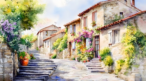 Fototapeta Naklejka Na Ścianę i Meble -  Watercolor Painting of a Picturesque European Village Street