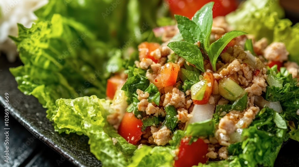 Fresh Salad with Herbs and Vegetables on Black Plate Fresh Salad with Herbs and Vegetables on Black Plate