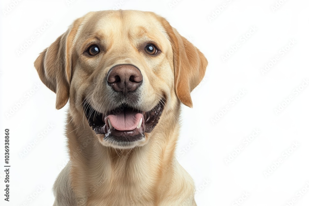 Portrait of a blond labrador retriever dog looking at the camera with a big smile isolated on a white background , isolated on white background, , copy space for text, Portrait of a blond labrador retriever dog looking at the camera with a big smile isolated on a white background , isolated on white background, , copy space for text,