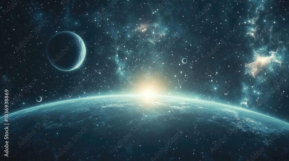 Obraz premium 2D illustration of a deep vast space featuring bright stars planets and moons Various science fiction creative backdrops space art and alien solar systems set against a realistic cosmic background