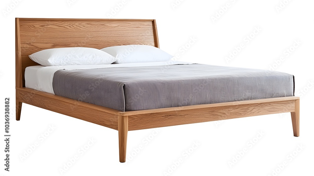 Elegant Scandinavian Inspired Wooden Bed Frame with Simple Headboard on White Background Elegant Scandinavian Inspired Wooden Bed Frame with Simple Headboard on White Background