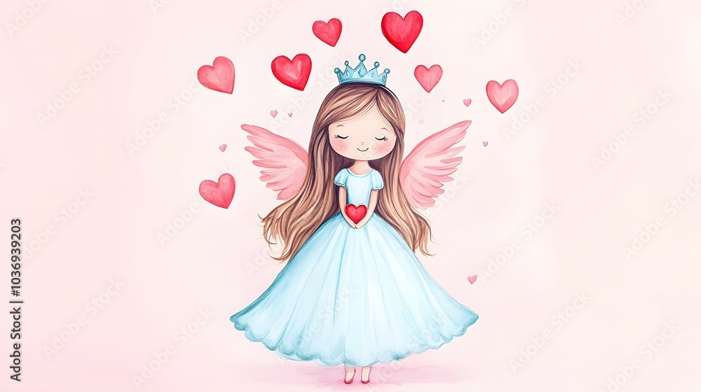 Cute Angel Girl with Pink Wings and Hearts Watercolor Illustration Cute Angel Girl with Pink Wings and Hearts Watercolor Illustration