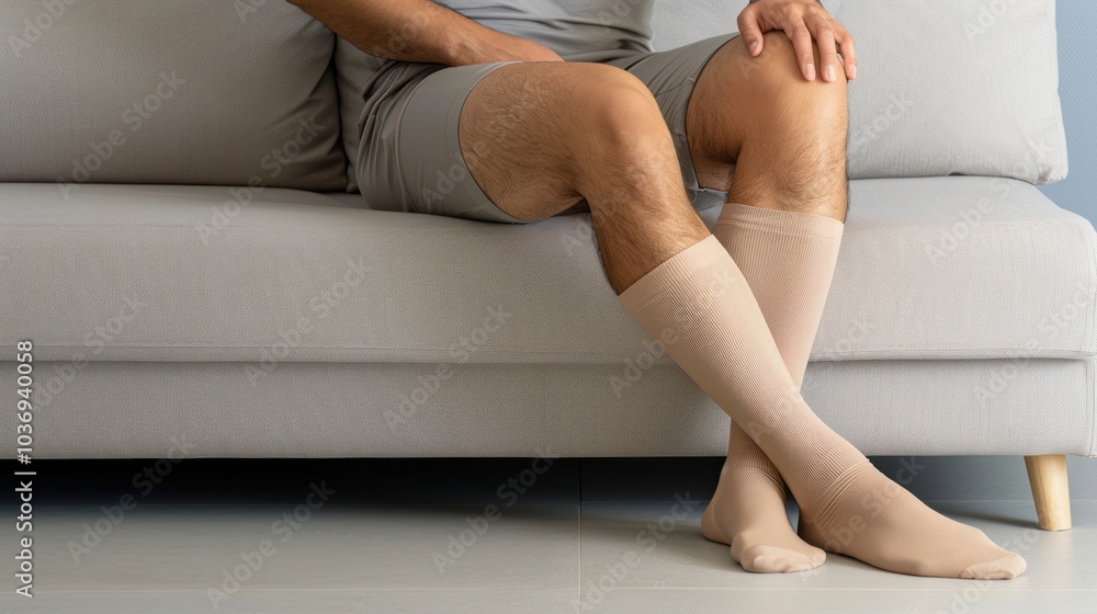 Compression Stockings for Varicose Veins and Thrombosis Recovery: Unrecognizable Man Resting on Sofa with Medical Anti-Varicose and Anti-Thrombotic Sleeve Socks Compression Stockings for Varicose Veins and Thrombosis Recovery: Unrecognizable Man Resting on Sofa with Medical Anti-Varicose and Anti-Thrombotic Sleeve Socks