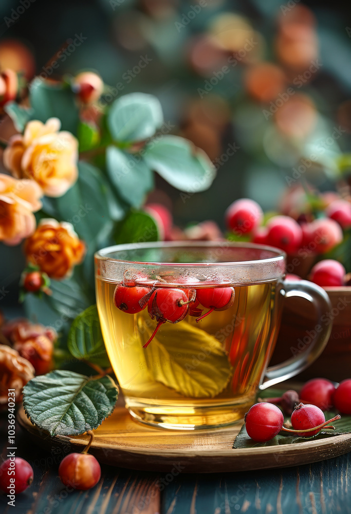 A cup of tea with a few berries floating in it. The tea is in a clear glass and the berries are floating on top A cup of tea with a few berries floating in it. The tea is in a clear glass and the berries are floating on top