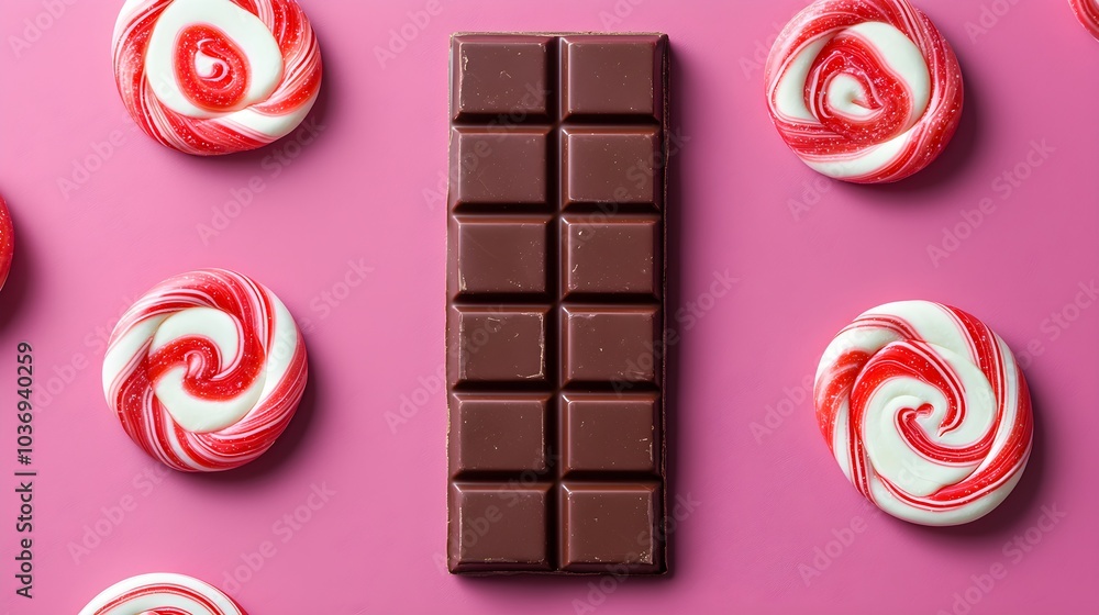 Festive chocolate bar surrounded by swirled peppermint candies