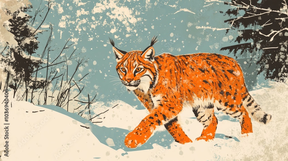 Obraz premium Lynx in winter wonderland Young wild cat wanders through a snowy forest Spotted orange fur contrasts with the icy landscape Majestic animal in a frosty setting