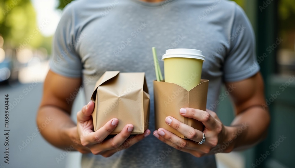 Man holding takeaway coffee cup and food package on the street
Man holding takeaway coffee cup and food package on the street