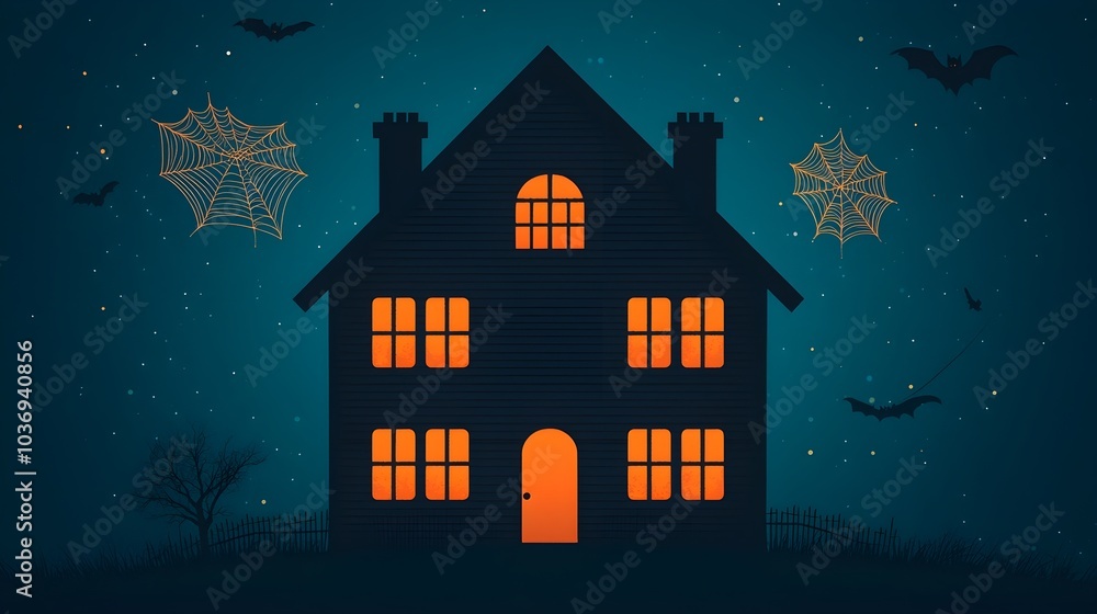 Fototapeta premium Spooky Halloween house with bats and spider webs