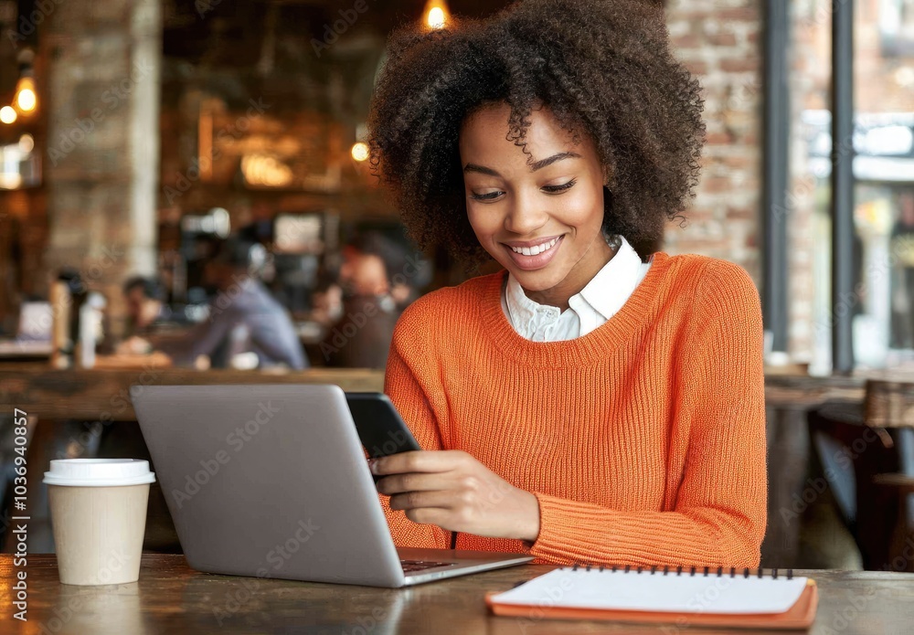 A woman in an orange sweater smiles while using a laptop in a cozy café setting. A woman in an orange sweater smiles while using a laptop in a cozy café setting.