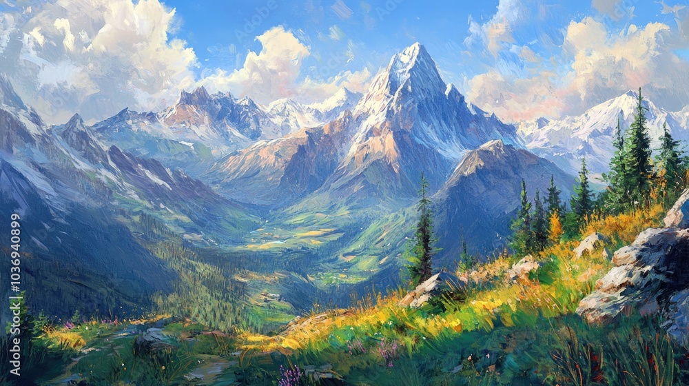 Fototapeta premium Oil painting depicting a panoramic view of the majestic Alps on a sunny day showcasing towering peaks and serene landscapes