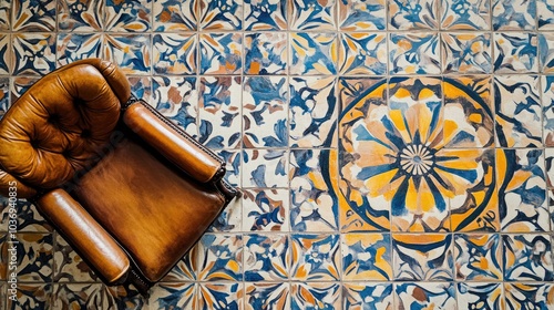 Painting of floor tiles featuring Moroccan design for interior and exterior home decor incorporating ceramic tile texture for mural design