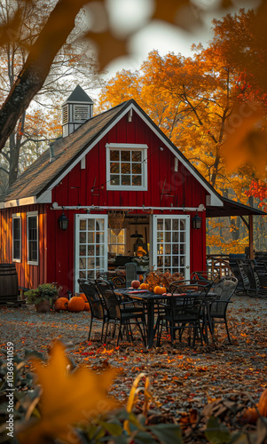 A red house with a white roof and a porch. The porch has a table with chairs and a few pumpkins on it. The house is surrounded by trees and leaves