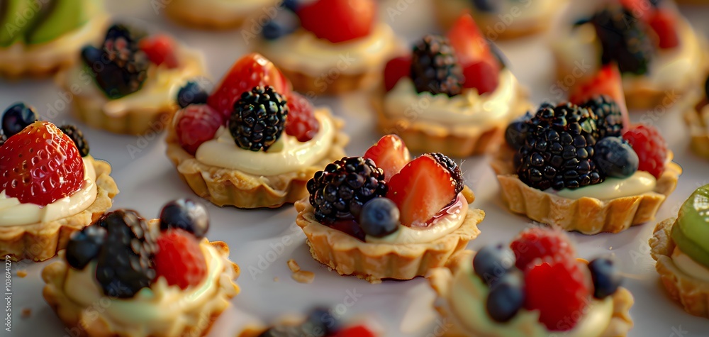 A colorful array of mini fruit tarts topped with various berries and cream. A colorful array of mini fruit tarts topped with various berries and cream.
