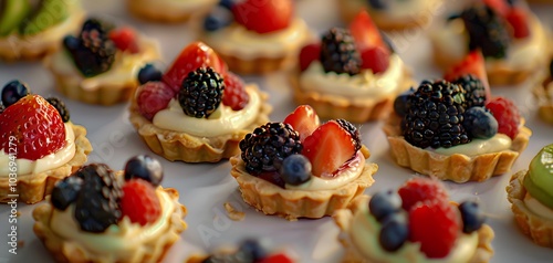 A colorful array of mini fruit tarts topped with various berries and cream.