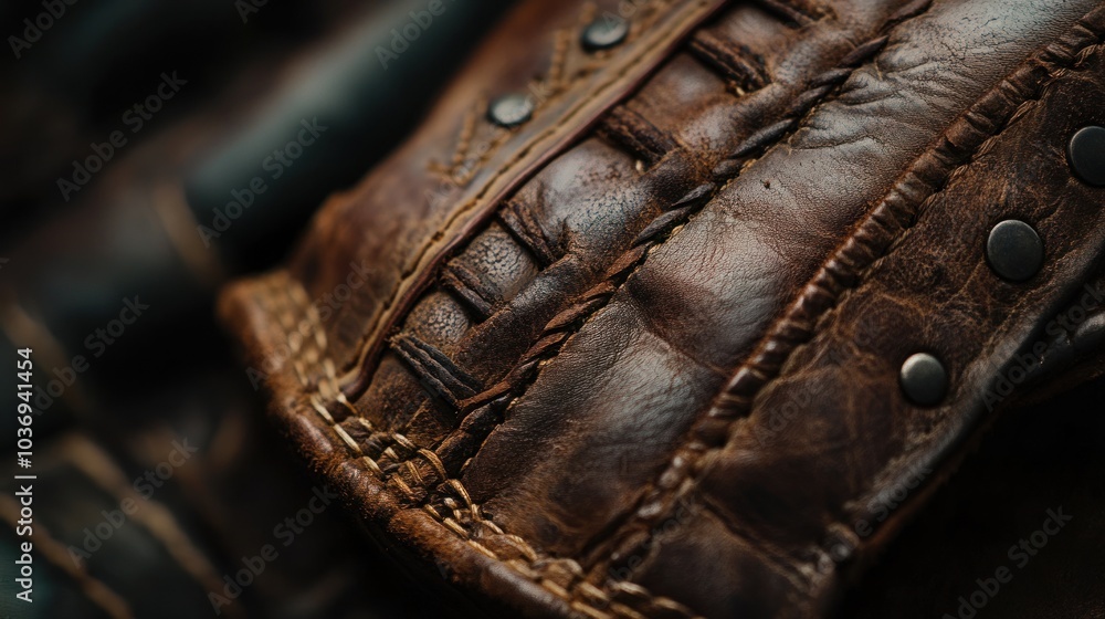 Close Up of Brown Leather with Stitching and Metal Studs Close Up of Brown Leather with Stitching and Metal Studs