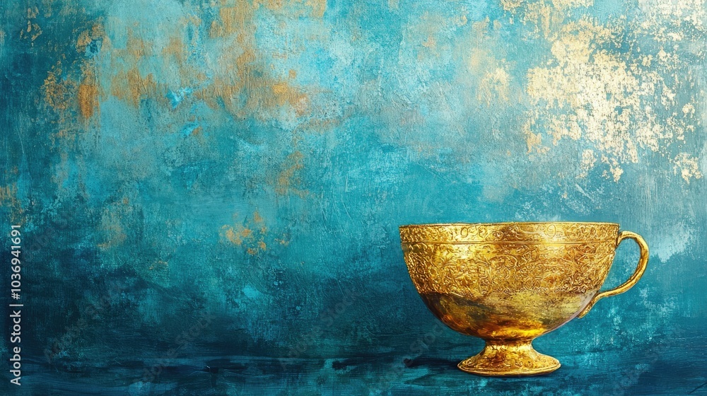 Golden cup placed on a blue background Mixed media artwork Golden cup placed on a blue background Mixed media artwork