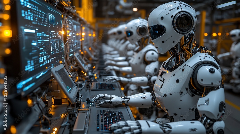 A row of humanoid robots are working on computers in a futuristic factory setting. A row of humanoid robots are working on computers in a futuristic factory setting.