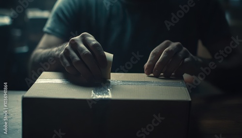 Man sealing cardboard box with tape in an e-commerce warehouse