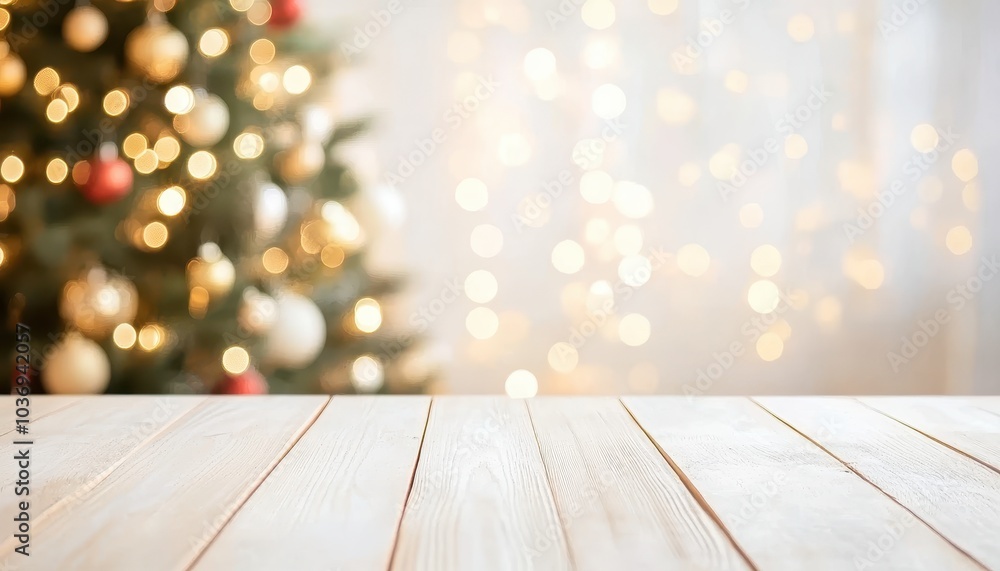 Empty wooden table in front of a beautifully decorated Christmas tree with lights Empty wooden table in front of a beautifully decorated Christmas tree with lights