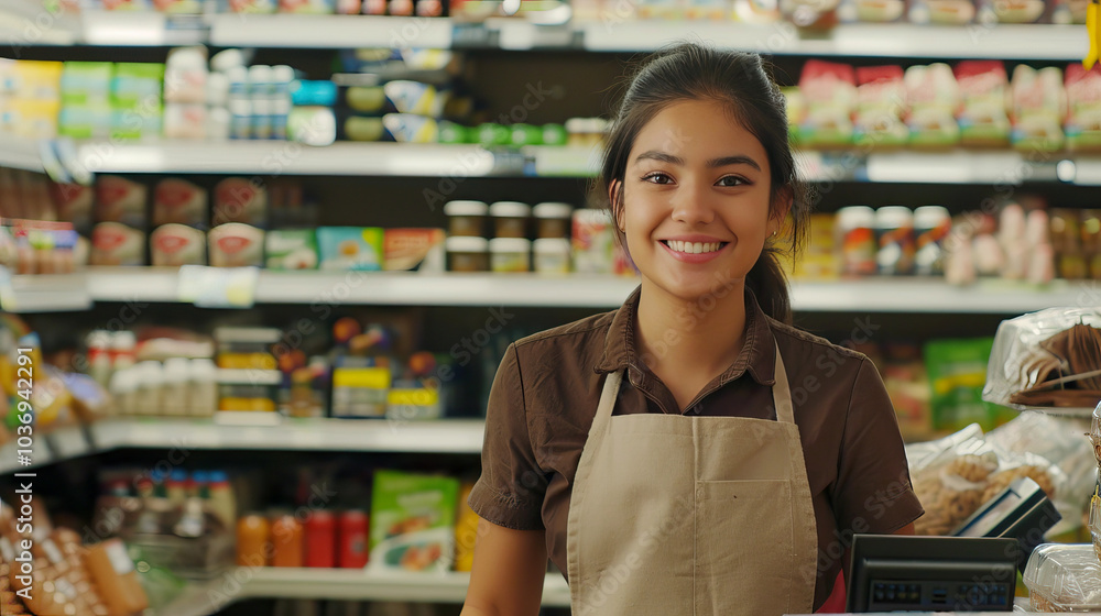 Fototapeta premium Smiling Young Female Cashier Working at Grocery Store Checkout in a Friendly Retail Environment