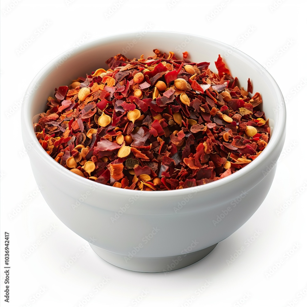 Crushed Red Pepper Flakes in a White Bowl, Perfect for Adding Spice to Dishes and Cooking Crushed Red Pepper Flakes in a White Bowl, Perfect for Adding Spice to Dishes and Cooking
